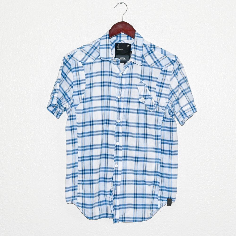 G-Star RAW Men's Short Sleeve Button up Shirt Blue Plaid size Medium